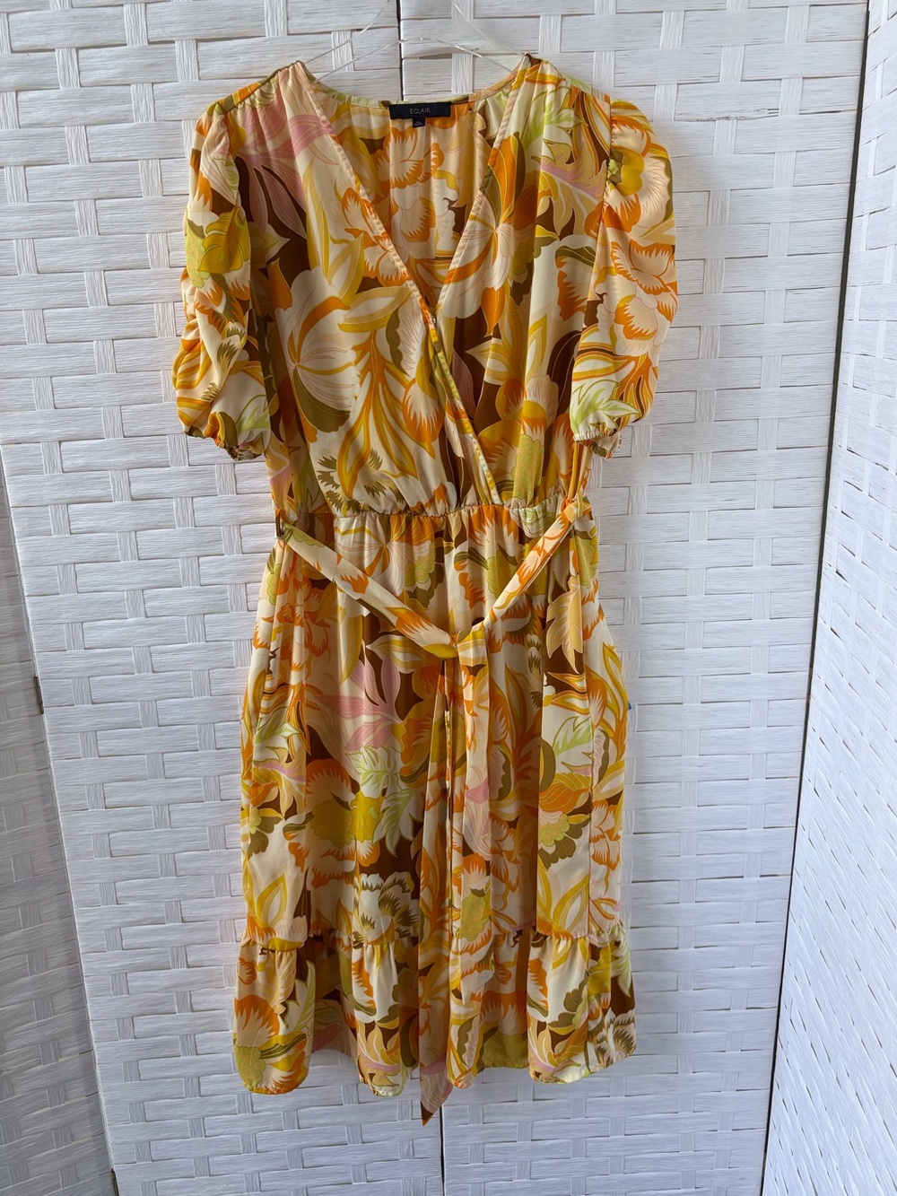 Eclair XL Puff Sleeve V Neck Belted Midi Dress Floral Yellows Wedding Guest